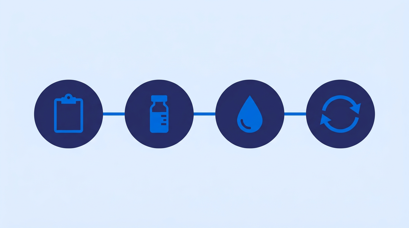 The four stages of testosterone care at the clinic: an initial consultation, laboratory testing, a prescribed protocol, and ongoing monitoring